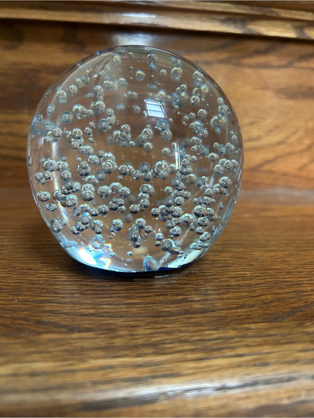Vintage Clear Glass controlled Bubble Paperweight with blue base Bookend